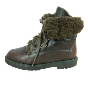 *Santana Brown Leather Lace Up Fur Cuff Paddock Ankle Boots Size 10.5 Inches